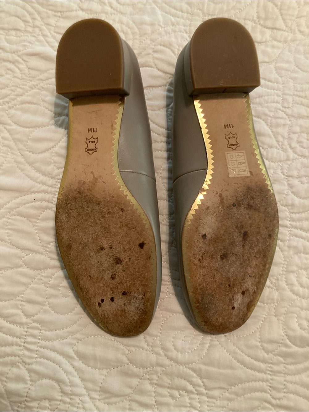 Tory Burch Chelsea Taupe Leather Logo Ballet Flats with Gold Medallions - Picture 9 of 12